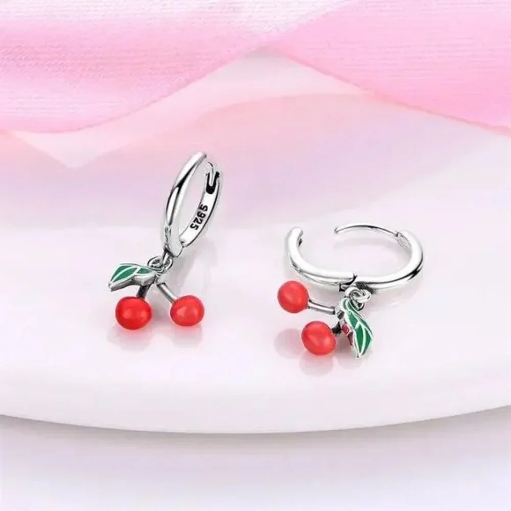 Sterling Silver Red Cherry Huggie Hoop Earrings s925